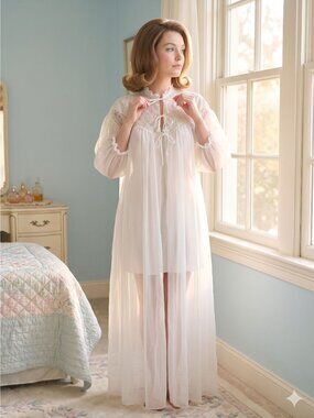 Vintage 60s Radcliffe Lace Robe Medium M White Sheer Nylon Peignoir Chiffon Long